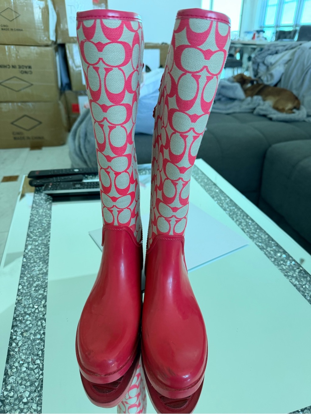 Coach Pink Signature Pattern Tall Rain Boots